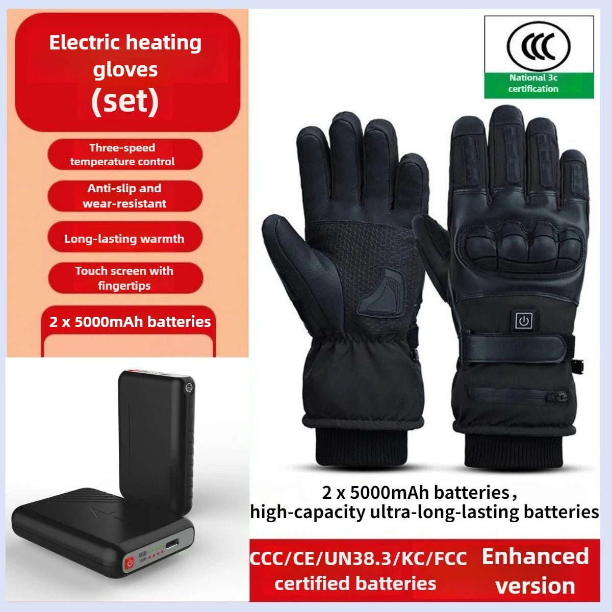 Men's Winter Riding Ski Heated Gloves Touchscreen 10 Finger 5000mAh Electric Heating 3 Temp Levels Outdoor Sports Thermal Gloves