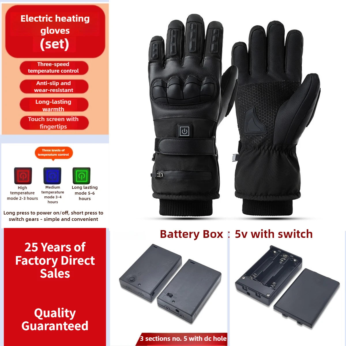 Men's Winter Riding Ski Heated Gloves Touchscreen 10 Finger 5000mAh Electric Heating 3 Temp Levels Outdoor Sports Thermal Gloves